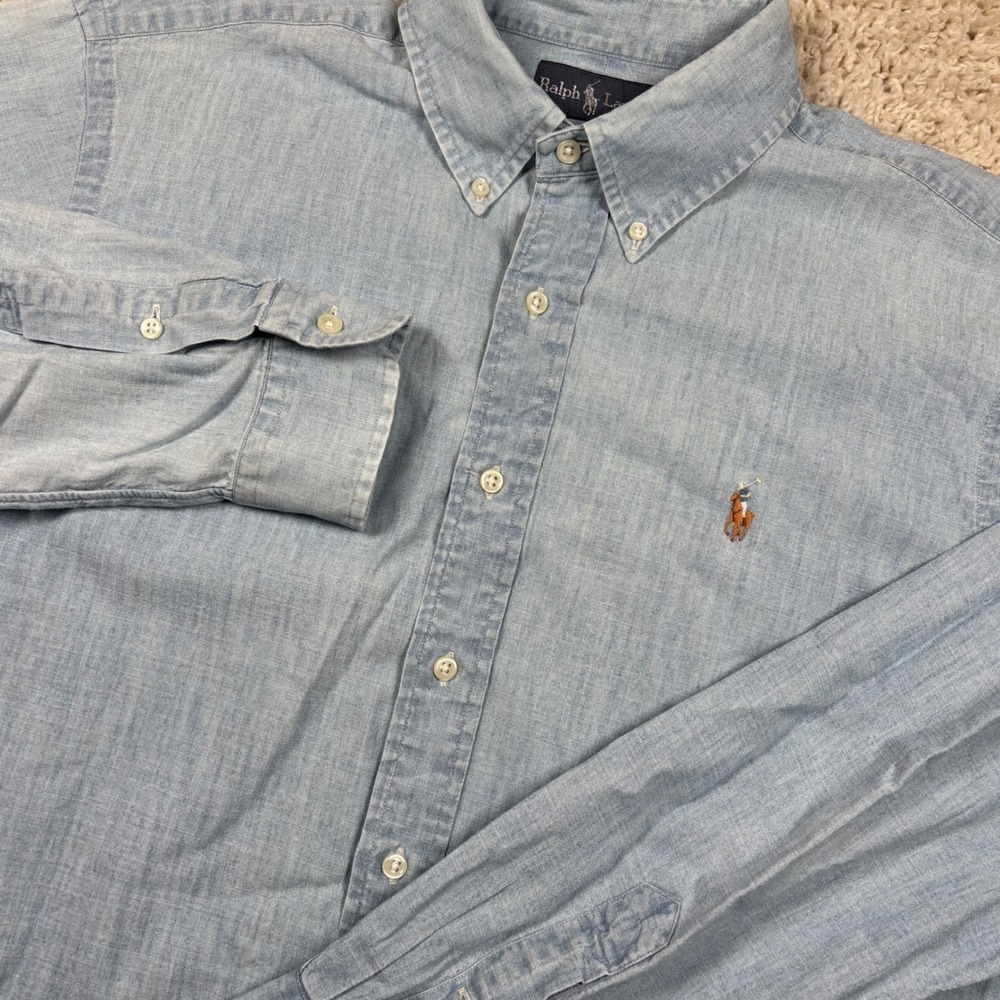 Ralph Lauren Button Down Shirt Mens L Blue Chambray Long Sleeve Classic Fit